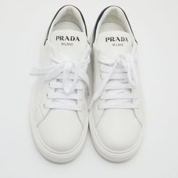 Pre Owned Prada White/Black Leather Macro Lace Up Sneakers Size 37