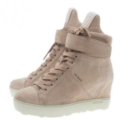 Pre Owned Prada Sport Beige Suede High Top Wedge Sneakers Size 35.5