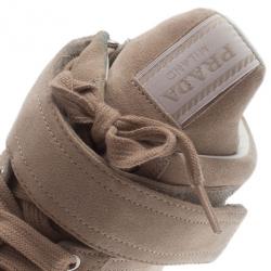 Pre Owned Prada Sport Beige Suede High Top Wedge Sneakers Size 35.5