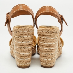 Prada Gold/Brown Leather Espadrille Wedge Sandals Size 36