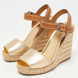 Prada Gold/Brown Leather Espadrille Wedge Sandals Size 36