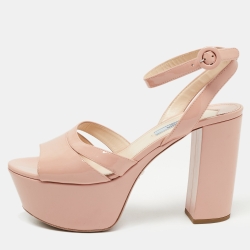 Pre Owned Prada  Blush Pink Patent Leather Ankle Strap Block Heel  Sandals Size 38.5