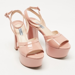 Pre Owned Prada  Blush Pink Patent Leather Ankle Strap Block Heel  Sandals Size 38.5