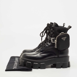Prada Black Leather and Nylon Monolith Ankle Boots Size 39