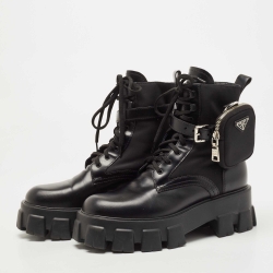 Prada Black Leather and Nylon Monolith Ankle Boots Size 39