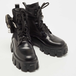Prada Black Leather and Nylon Monolith Ankle Boots Size 39