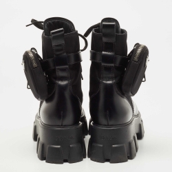 Prada Black Leather and Nylon Monolith Ankle Boots Size 39