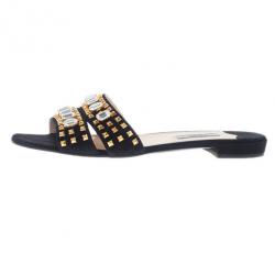 Pre Owned Prada Black Suede Jeweled Flat Slides Size 39.5