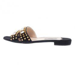 Pre Owned Prada Black Suede Jeweled Flat Slides Size 39.5