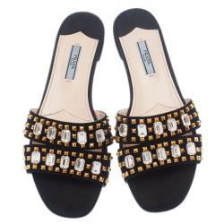Pre Owned Prada Black Suede Jeweled Flat Slides Size 39.5