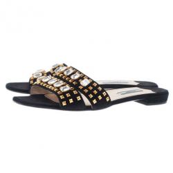 Pre Owned Prada Black Suede Jeweled Flat Slides Size 39.5