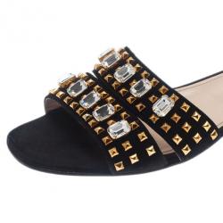 Pre Owned Prada Black Suede Jeweled Flat Slides Size 39.5
