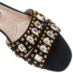 Pre Owned Prada Black Suede Jeweled Flat Slides Size 39.5