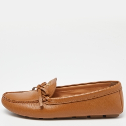 Pre Owned Prada Brown Saffiano Leather Bow Loafers Size 37