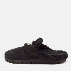 Pre Owned Prada Black Suede and Shearling Fur Lined Flat Mules Size 39