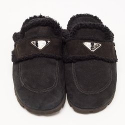 Pre Owned Prada Black Suede and Shearling Fur Lined Flat Mules Size 39