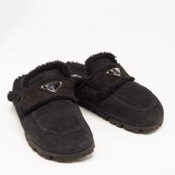 Pre Owned Prada Black Suede and Shearling Fur Lined Flat Mules Size 39