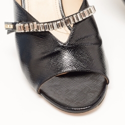 Prada Black Saffiano Patent Leather Crystals Embellished Bow Mules Size 38