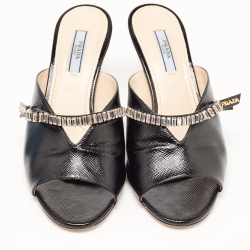 Prada Black Saffiano Patent Leather Crystals Embellished Bow Mules Size 38