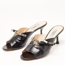 Prada Black Saffiano Patent Leather Crystals Embellished Bow Mules Size 38