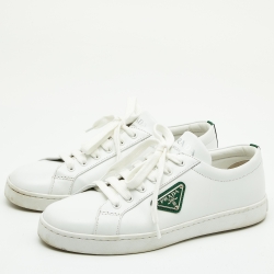 Pre Owned Prada White/Green Leather Lace Up Low Top Sneakers Size 39