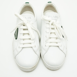 Pre Owned Prada White/Green Leather Lace Up Low Top Sneakers Size 39