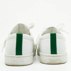 Pre Owned Prada White/Green Leather Lace Up Low Top Sneakers Size 39