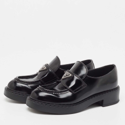 Pre Owned Prada Black Leather Slip On Loafers Size 35.5 