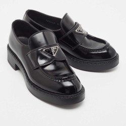 Pre Owned Prada Black Leather Slip On Loafers Size 35.5 