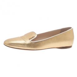 مملوكة مسبقًا Prada Gold Saffiano Leather Smoking Slippers Size 37