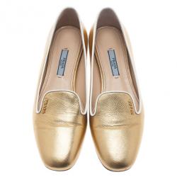 مملوكة مسبقًا Prada Gold Saffiano Leather Smoking Slippers Size 37