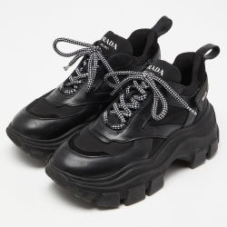 Pre Owned Prada Black Leather Nylon and Leather Lace Up Sneakers Size 38.5
