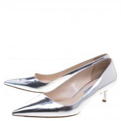 Pre Owned Prada Silver Metallic Leather Pointed Toe Pumps Size 39