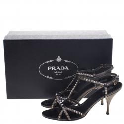 Prada Grey Metallic Studded Leather T Strap Sandals Size 40.5