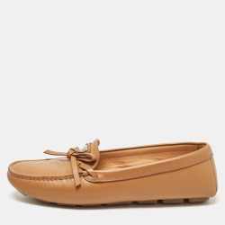 Pre Owned Prada Brown Saffiano Leather Slip On Loafers Size 38.5