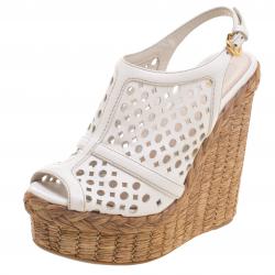 Prada White Cutout Leather Platform Raffia Wedge Sandals Size 36