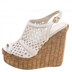 Prada White Cutout Leather Platform Raffia Wedge Sandals Size 36