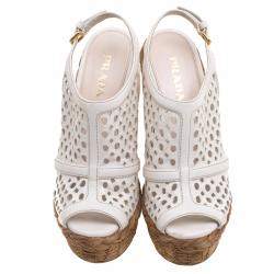 Prada White Cutout Leather Platform Raffia Wedge Sandals Size 36