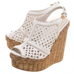 Prada White Cutout Leather Platform Raffia Wedge Sandals Size 36