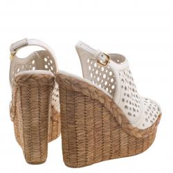 Prada White Cutout Leather Platform Raffia Wedge Sandals Size 36