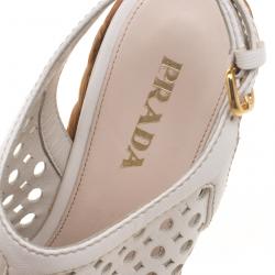 Prada White Cutout Leather Platform Raffia Wedge Sandals Size 36