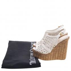 Prada White Cutout Leather Platform Raffia Wedge Sandals Size 36