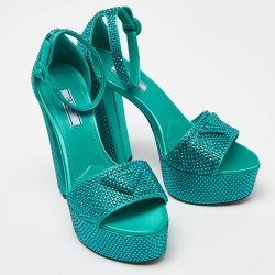 Prada Green Satin Crystal Embellished Platform Ankle Strap Sandals Size 37