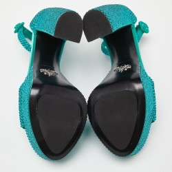 Prada Green Satin Crystal Embellished Platform Ankle Strap Sandals Size 37