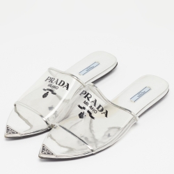 Prada Silver Patent Leather and PVC Logo Flat Mules Size 40.5