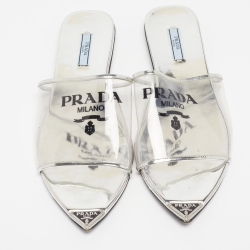 Prada Silver Patent Leather and PVC Logo Flat Mules Size 40.5