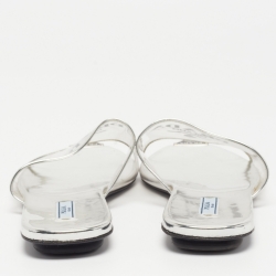 Prada Silver Patent Leather and PVC Logo Flat Mules Size 40.5