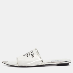 Prada Silver Patent Leather and PVC Logo Flat Mules Size 40.5