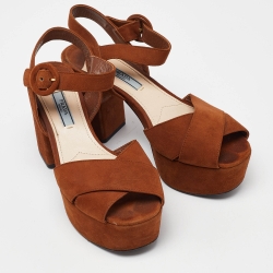 Prada Brown Suede Platform Block Heel Ankle Strap Sandals Size 36