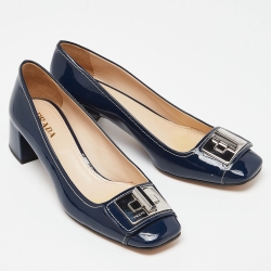 Pre Owned Prada Blue Patent Leather Buckle Square Toe Pumps Size 40.5
